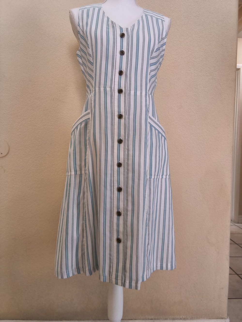 LOFT Sleeveless Button-Front Midi Dress in White and Blue Stripe